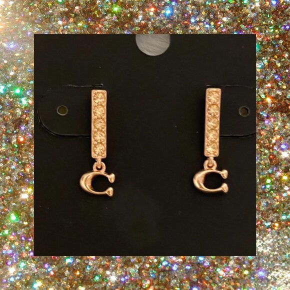 NEW Coach SIGNATURE "C" PAVE BAR Sparkle STUD EARRINGS Rose Gold-tone w/Gift Bag - Picture 4 of 13